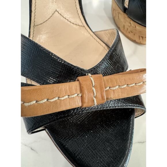 Prada black patent & tan leather bow high block heel Cork platform sandals Sz 40 - Picture 8 of 10